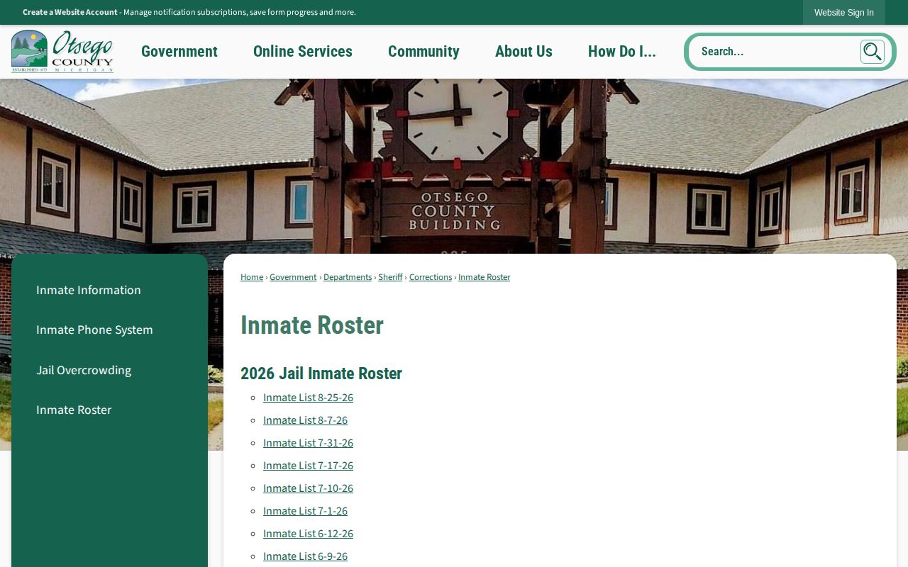 Otsego County inmate roster archive for booking record lookup